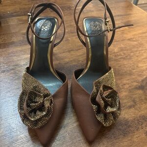 Vince Camuto Brown and Gold Heels with Ornate Toe Design